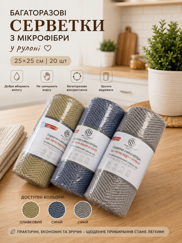 Багаторазові серветки з мікрофібри-травки у рулоні | 25×25 см | 20 шт